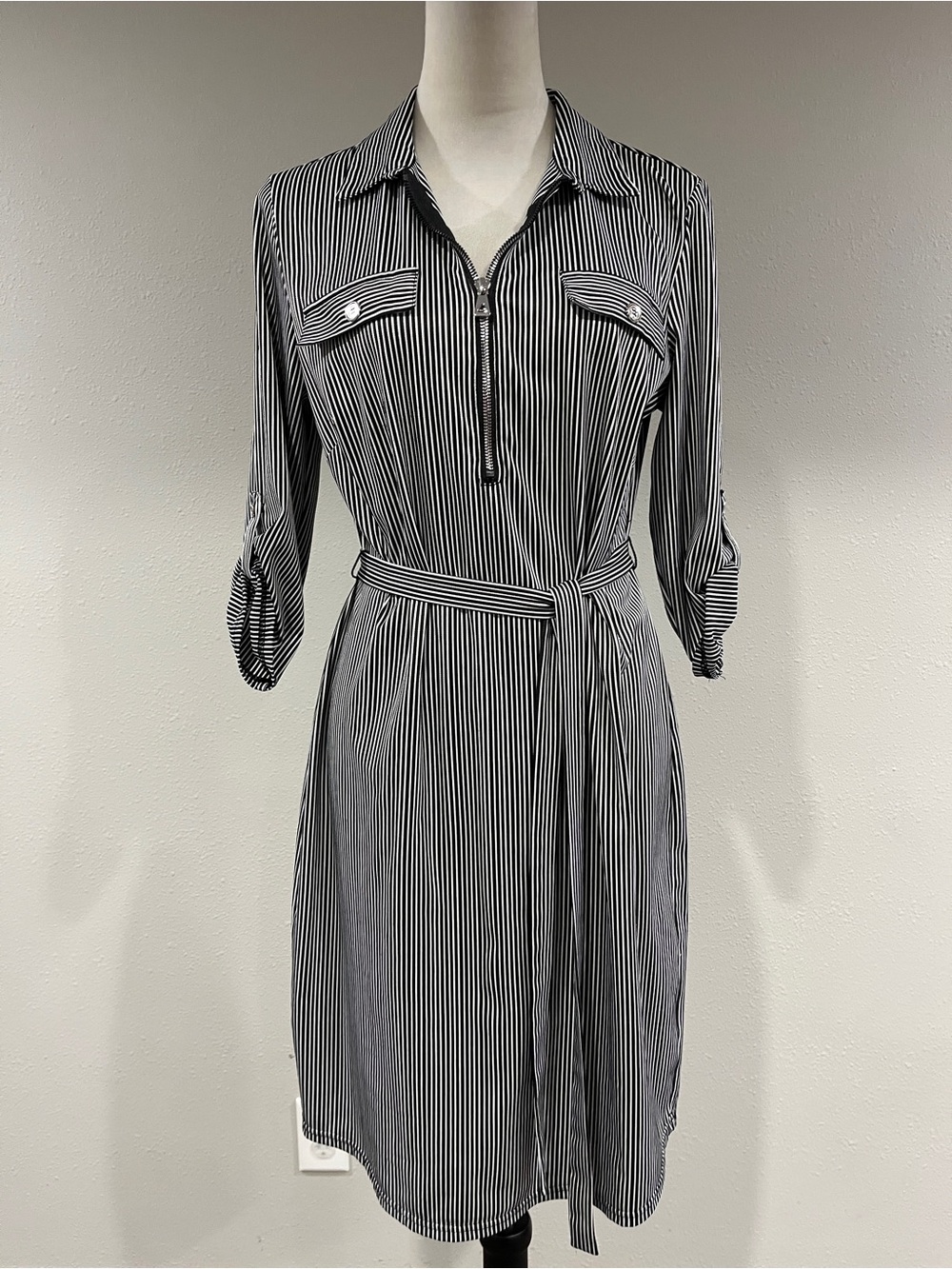 Striped Black & White Shirt Dress with Tie Belt size large